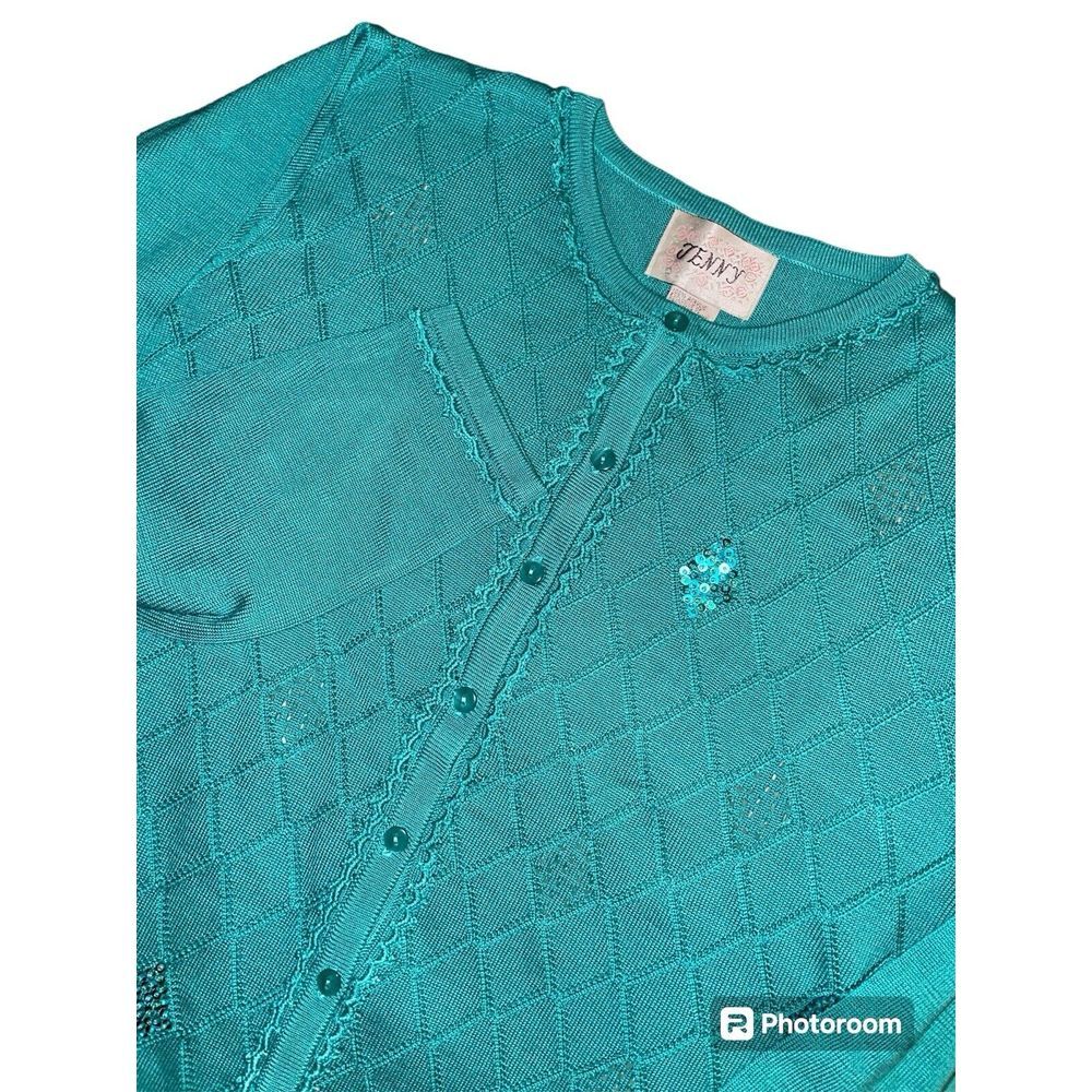 Turquoise Cardigan Diamond Pattern Sequin Embellishing Sz S